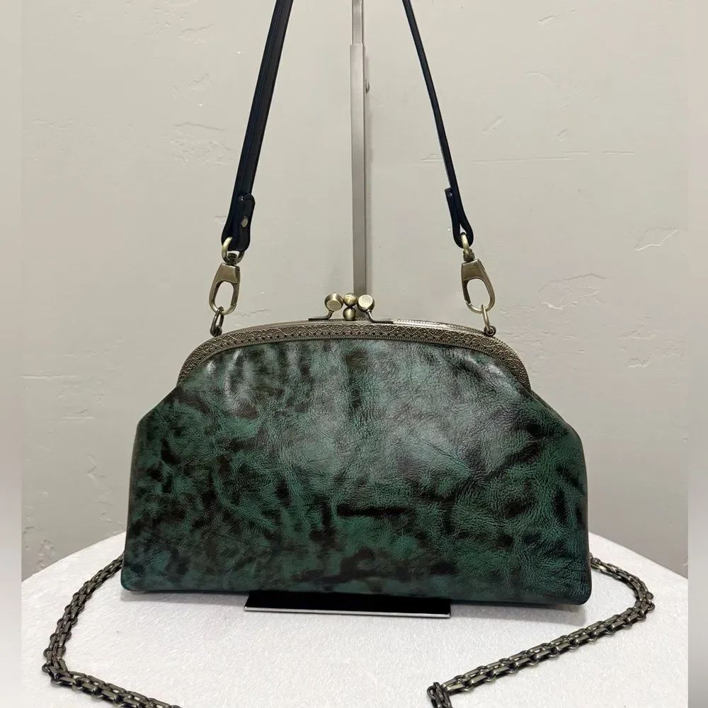 Vintage Style Handsewn Cowhide Leather Double Kiss-lock Frame Bag, Crossbody